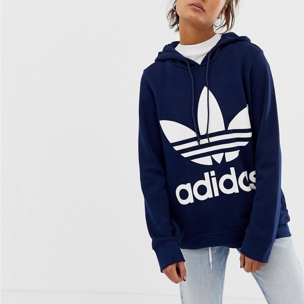 ADIDAS Originals Trefoil Graphic Logo Navy Blue Long Sleeve Pullover Hoodie Sz S